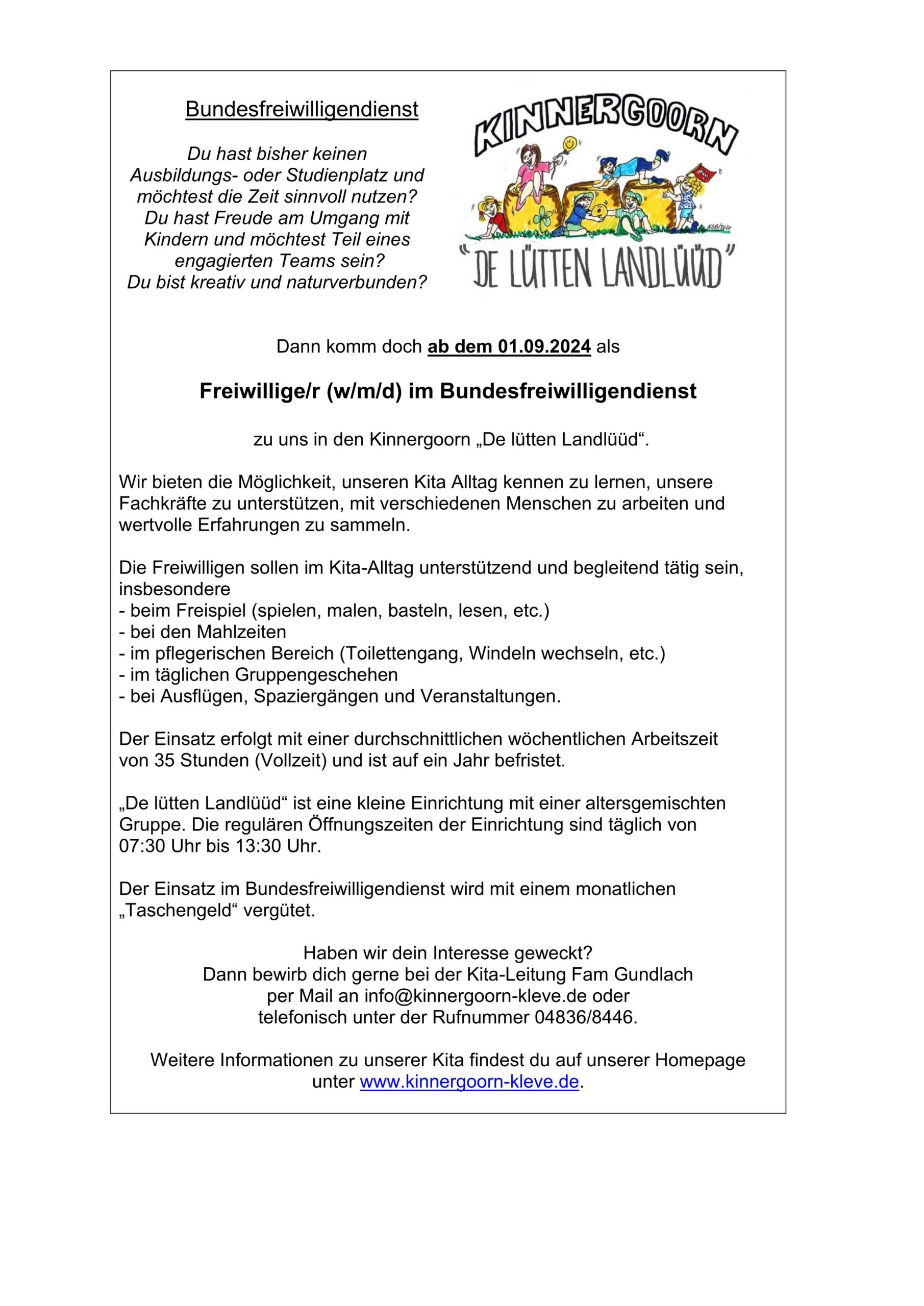 Bundesfreiwilligendienst im Kinnergoorn Kleve